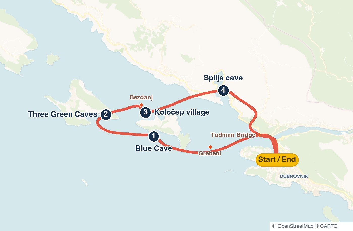 Blue Cave tour route map: loop from Marina Frapa under the Tuđman Bridge to the Blue Cave, Three Green Caves, Koločep village and Spilja cave in Zaton, returning to Marina Frapa